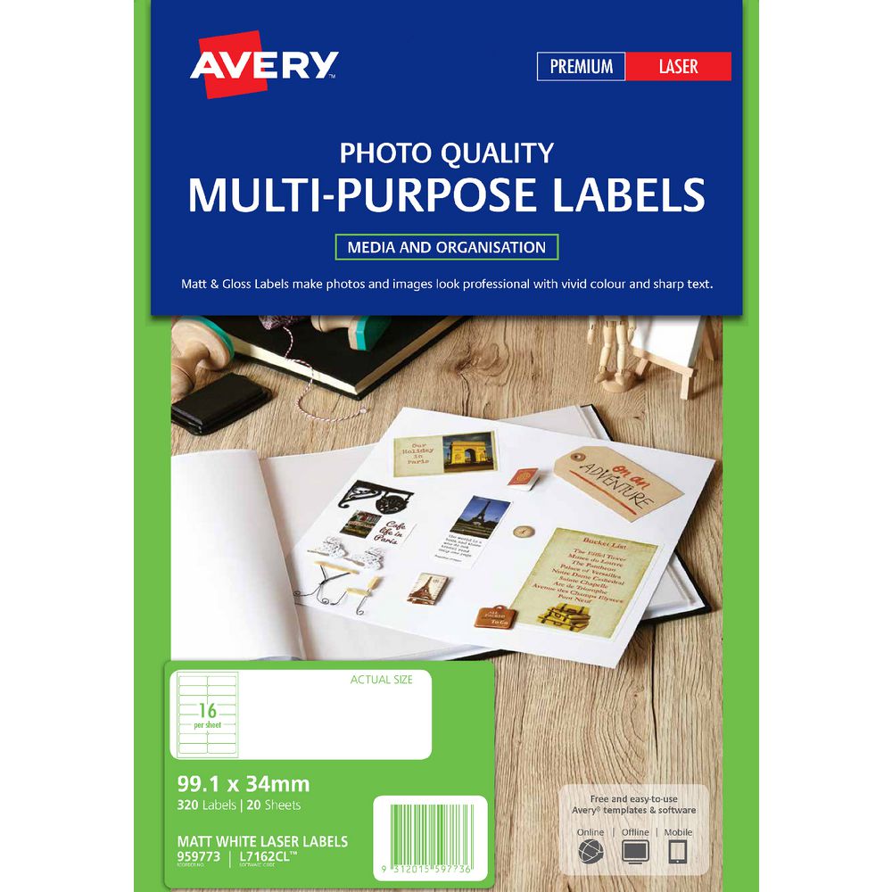 Avery Matte Colour Laser Mailing Labels 99.1 x 34mm 20 Pack