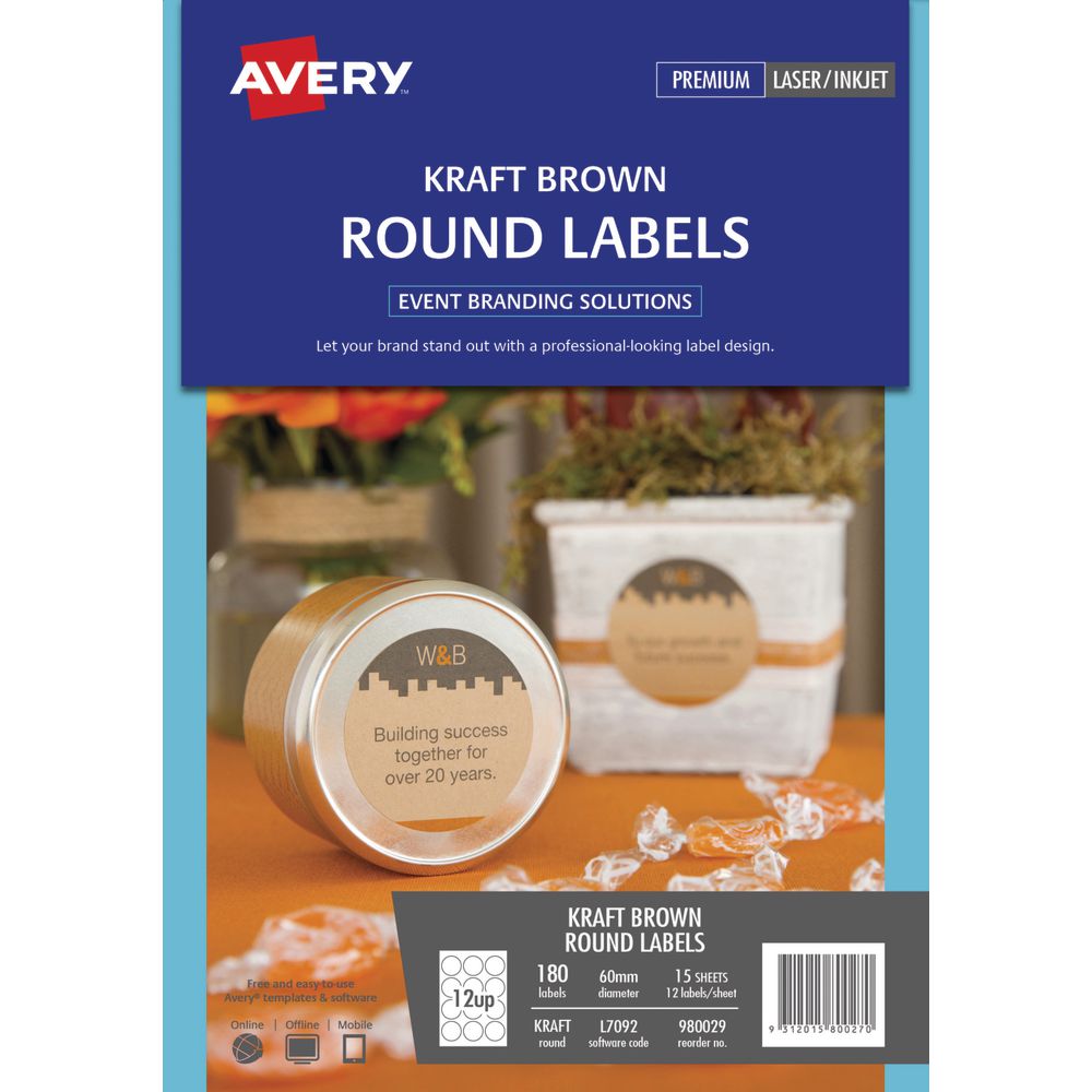 Avery Round Label 60mm Kraft 120 Pack
