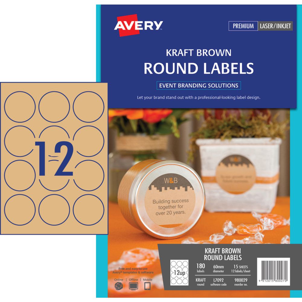 Avery Round Label 60mm Kraft 120 Pack
