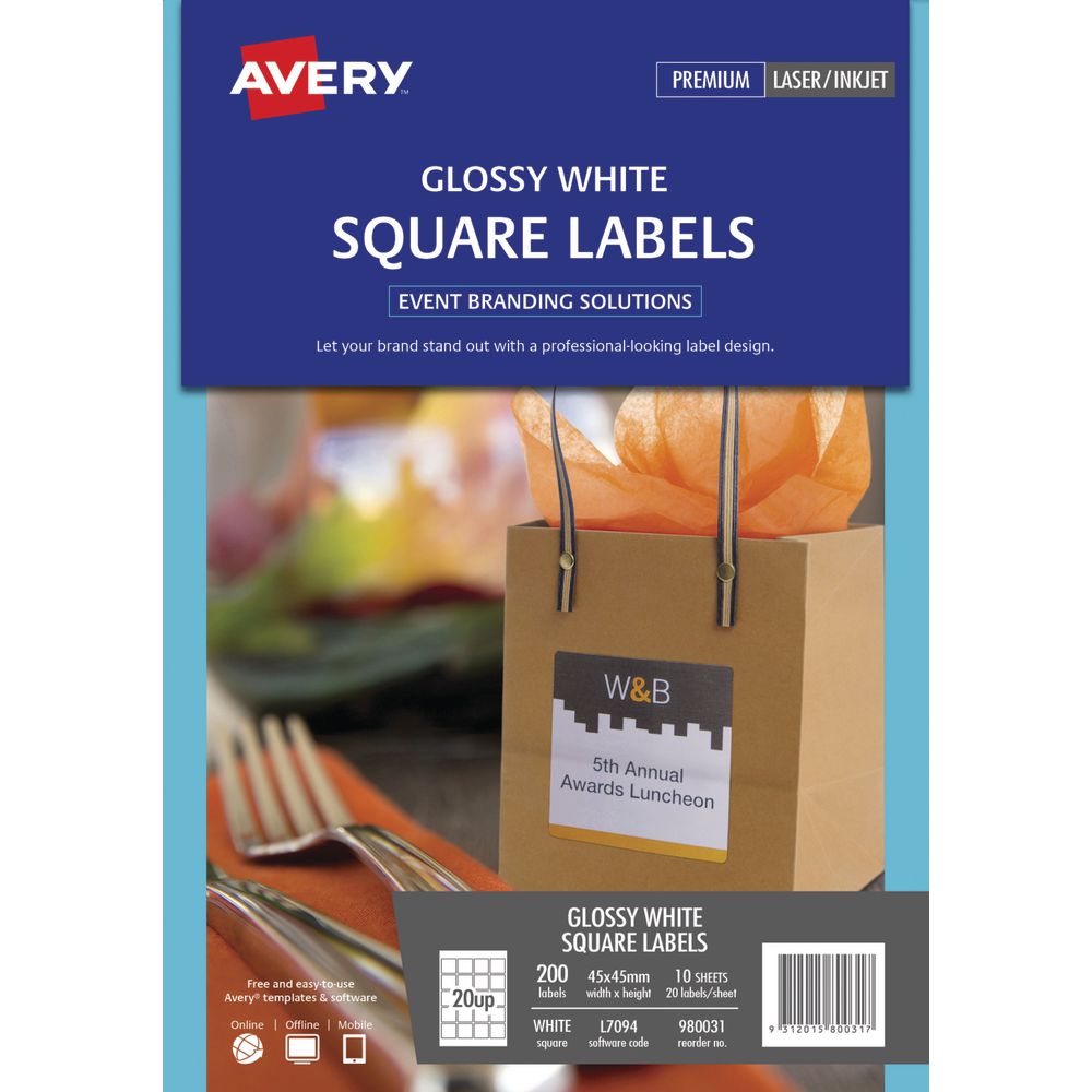 Avery Glossy Square Labels 45 x 45mm White 200 Pack