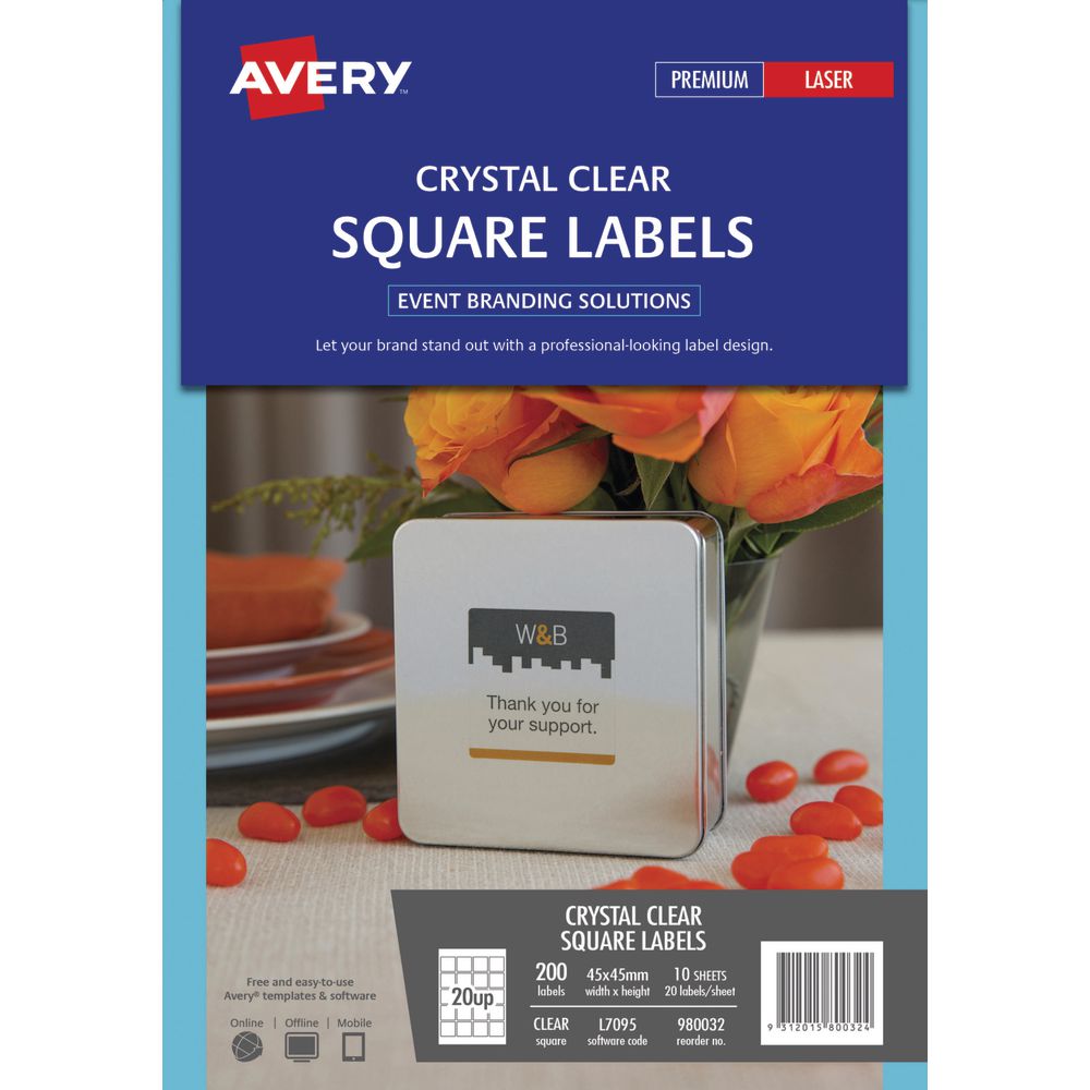 Avery Square Labels 45 x 45mm Clear 200 Pack