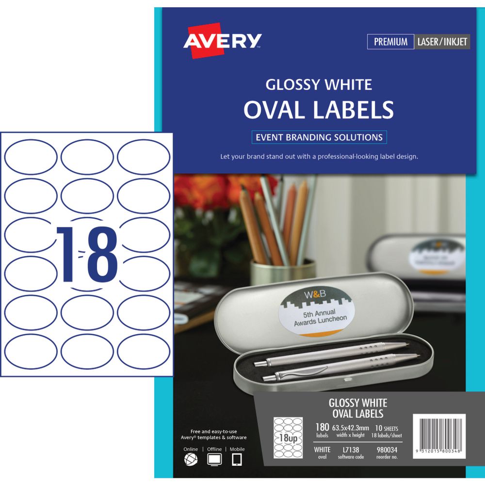 Avery Oval Labels 63.5 x 42.3mm White 180 Pack | Officeworks