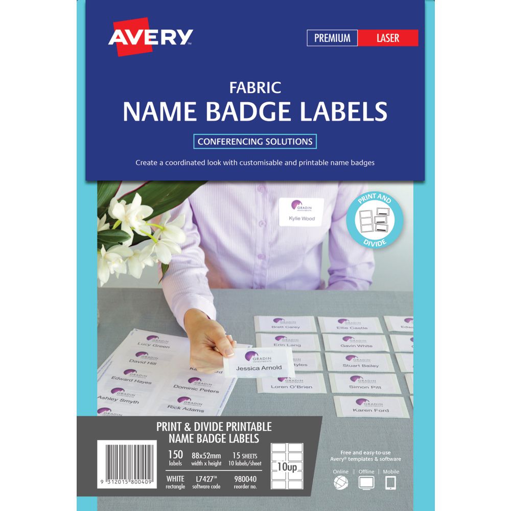 Avery Fabric Badge Labels 88 x 52mm White 150 Pack