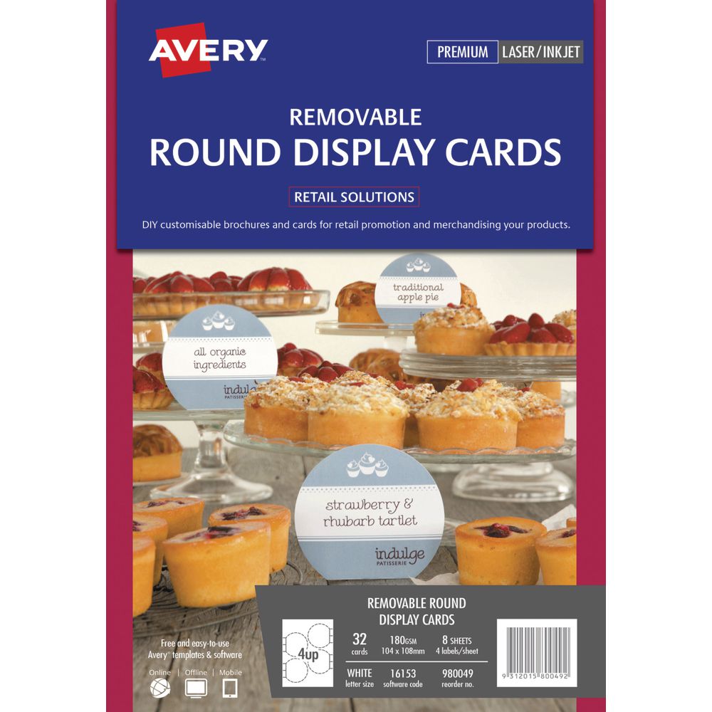 Avery Adhesive Round Display Cards 104 x 108mm 32 Pack