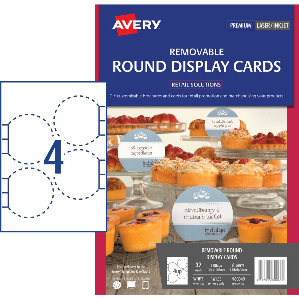 Avery Adhesive Round Display Cards 104 x 108mm 32 Pack