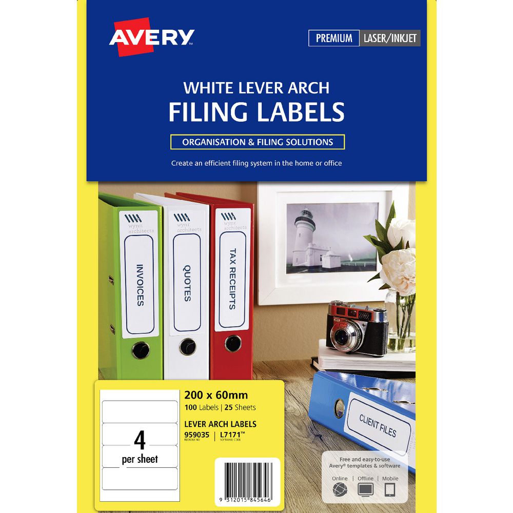 Avery Laser Lever Arch Labels White 25 Sheets 4 Per Page
