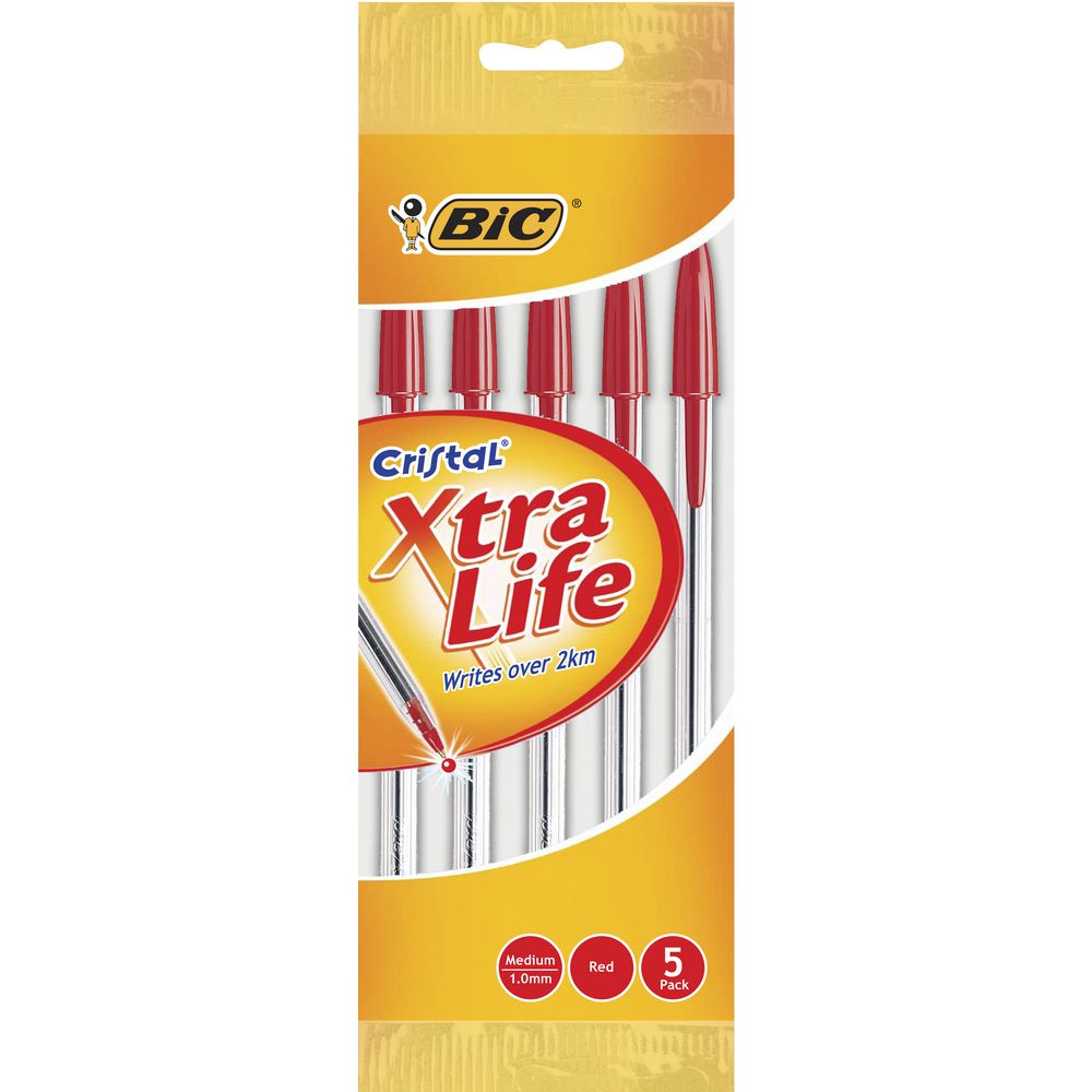 BIC Cristal Xtra Life Ballpoint Pens Red 5 Pack