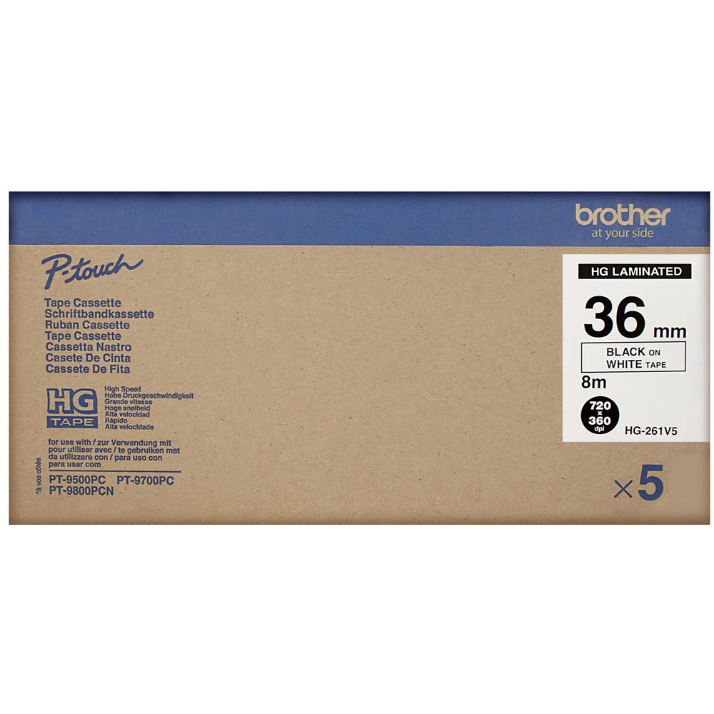 Brother High Grade Tape 36mm Black on White 5 Pack HG-261V5