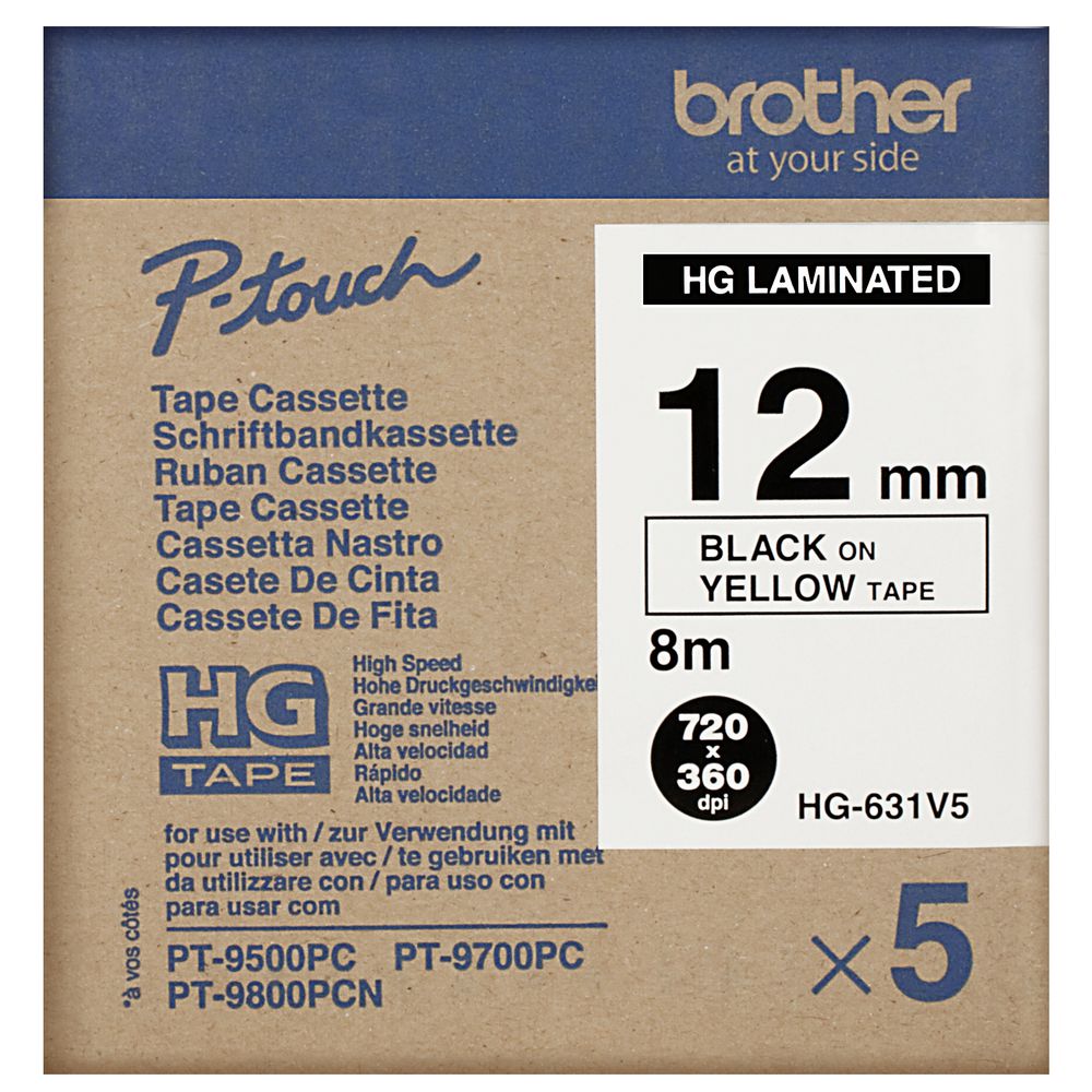 Brother High Grade Tape 12mm Black on Yellow 5 Pack HG-631V5