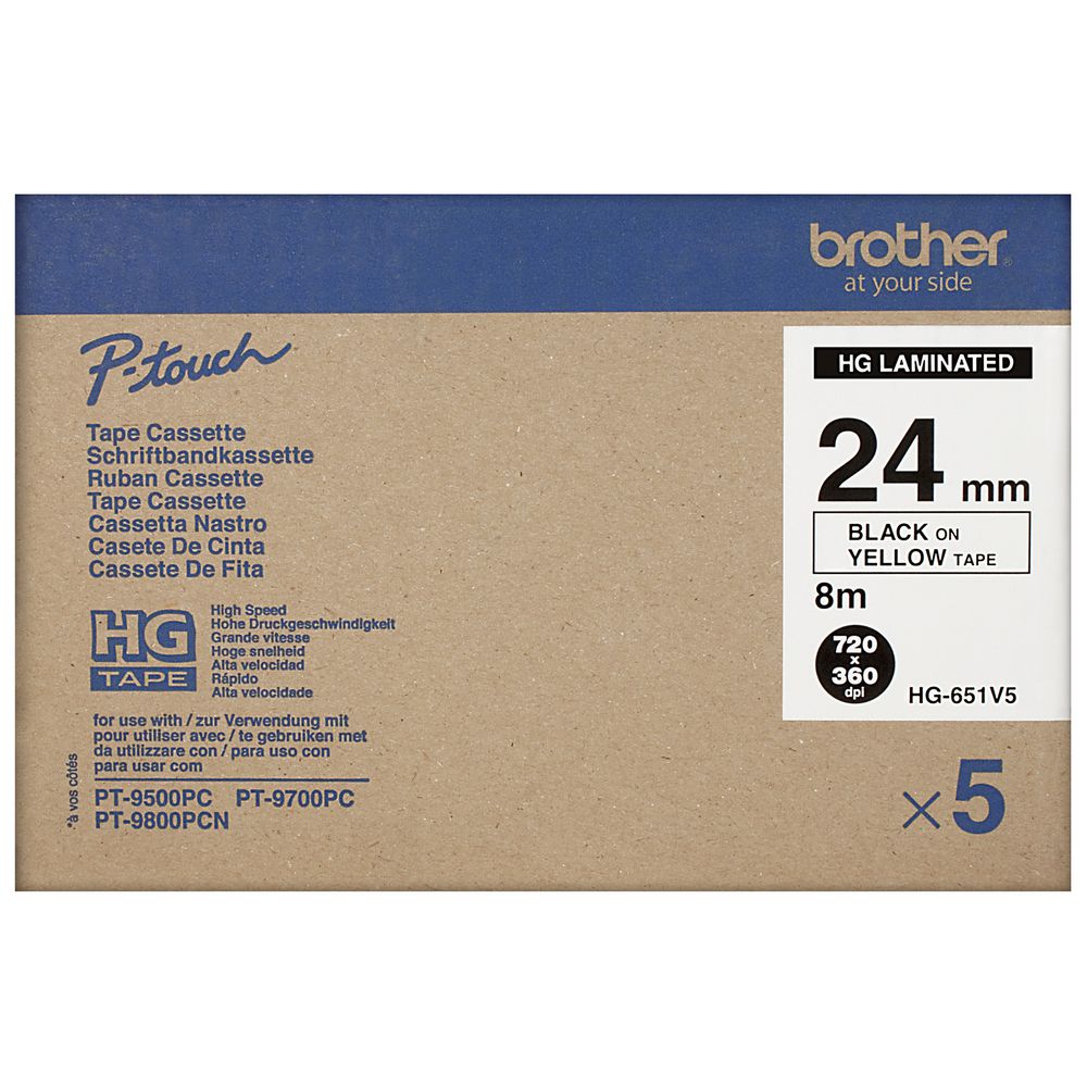 Brother High Grade Tape 24mm Black on Yellow 5 Pack HG-651V5