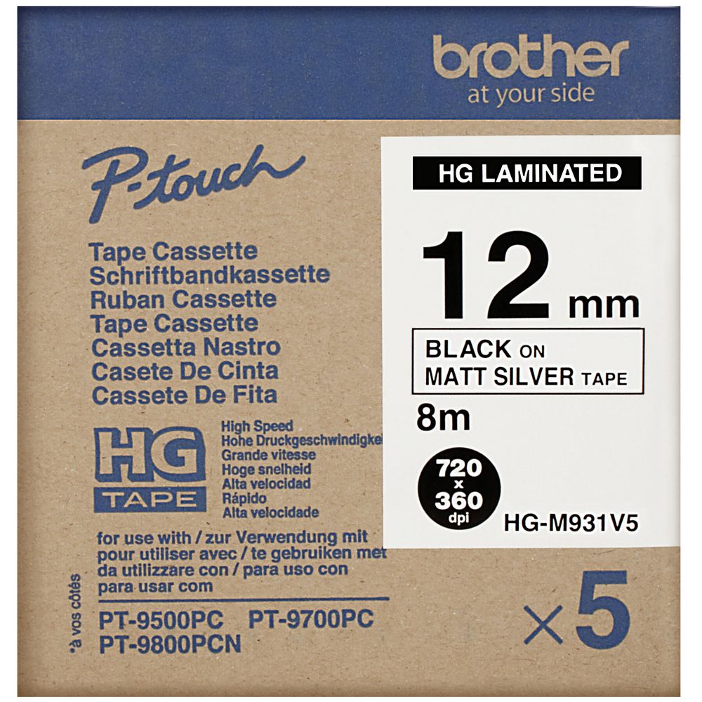 Brother Tape 12mm Black on Matte Silver 5 Pack HG-M931V5