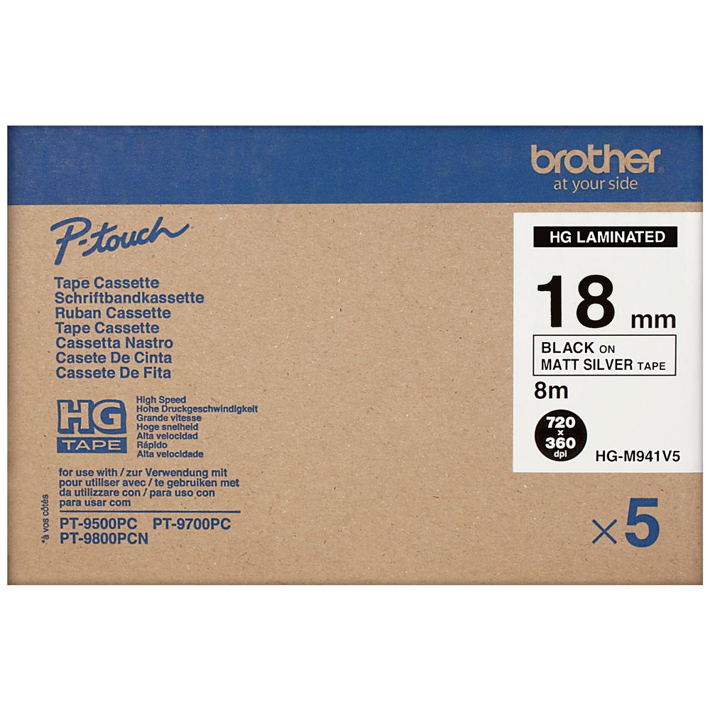 Brother Tape 18mm Black on Matte Silver 5 Pack HG-M941V5