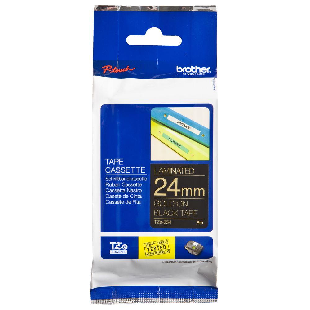 Brother Tape 24mm x 8m Gold on Black TZe-354