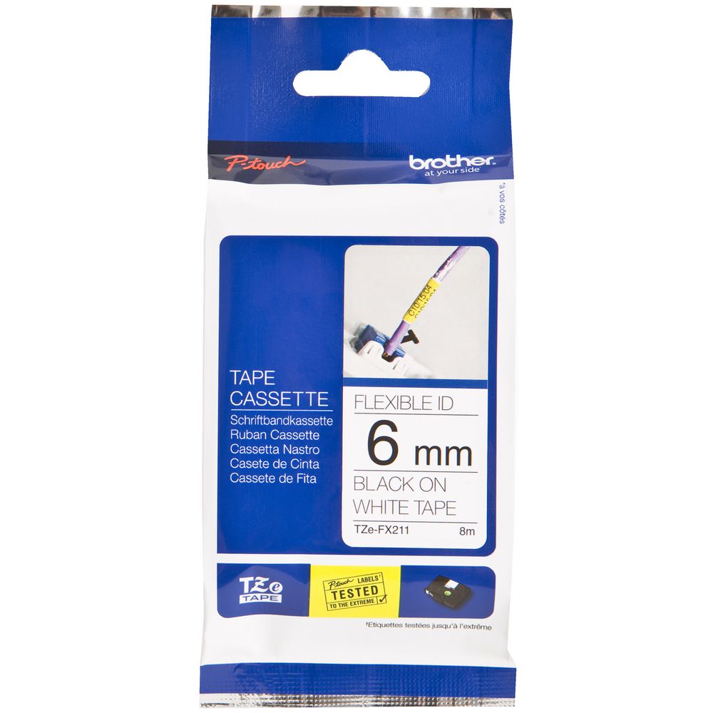 Brother Flexible ID Tape 6mm x 8m Black on White Tze-FX211