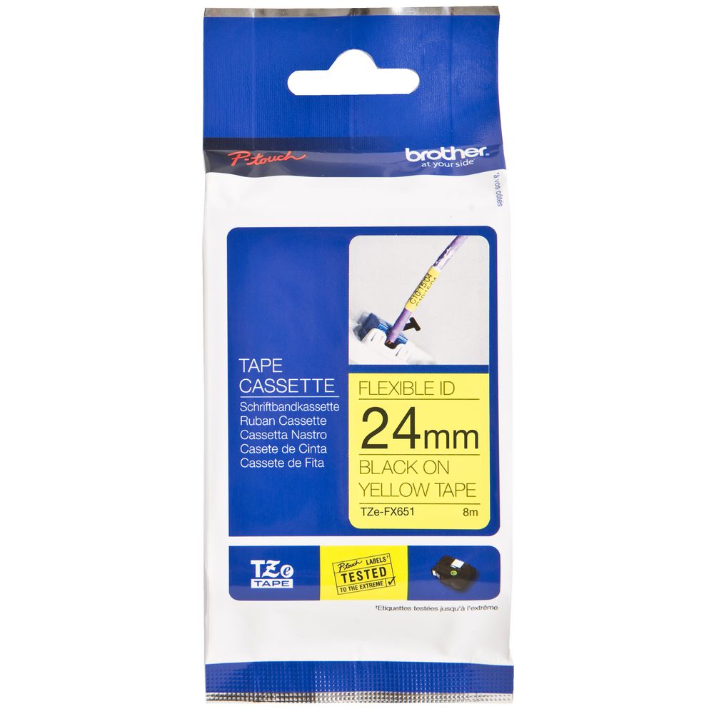 Brother Flexible ID Tape 24mm x 8m Black on Yellow TZe-FX651