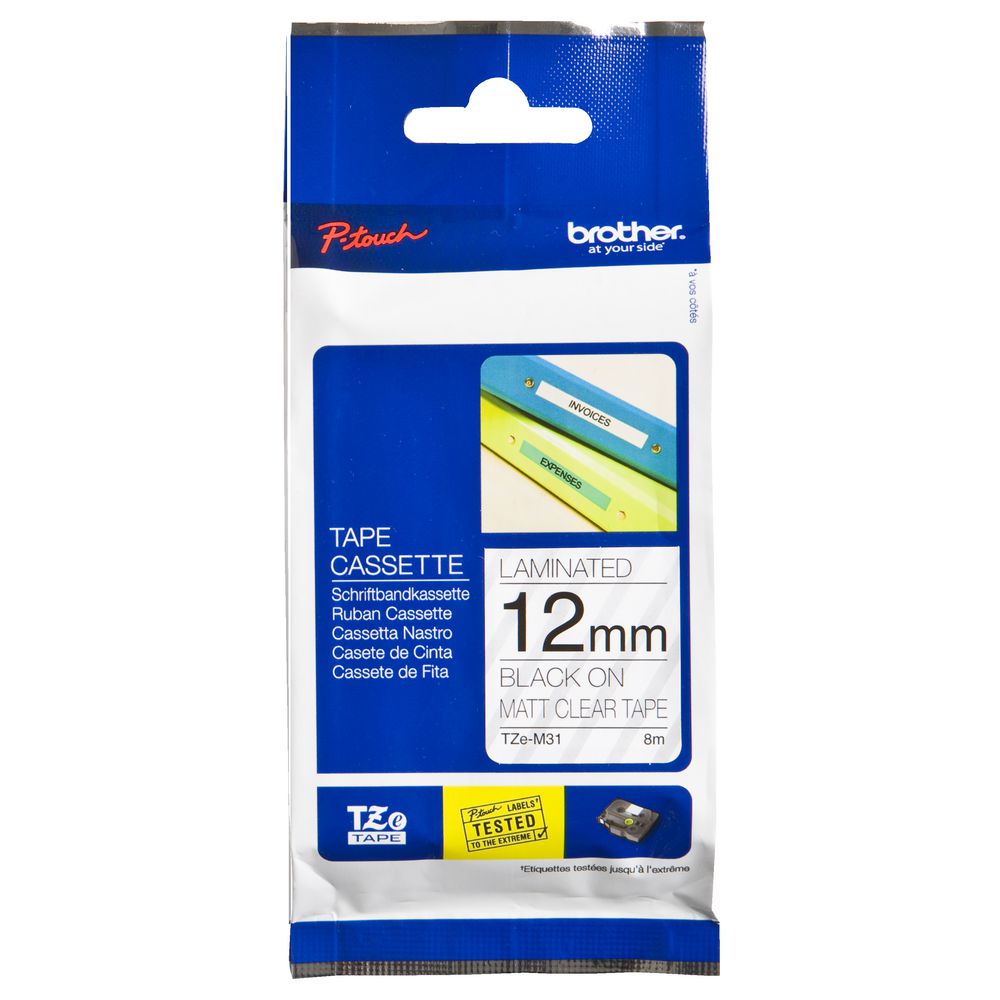 Brother Matte Tape 12mm x 8m Black on Clear TZe-M31