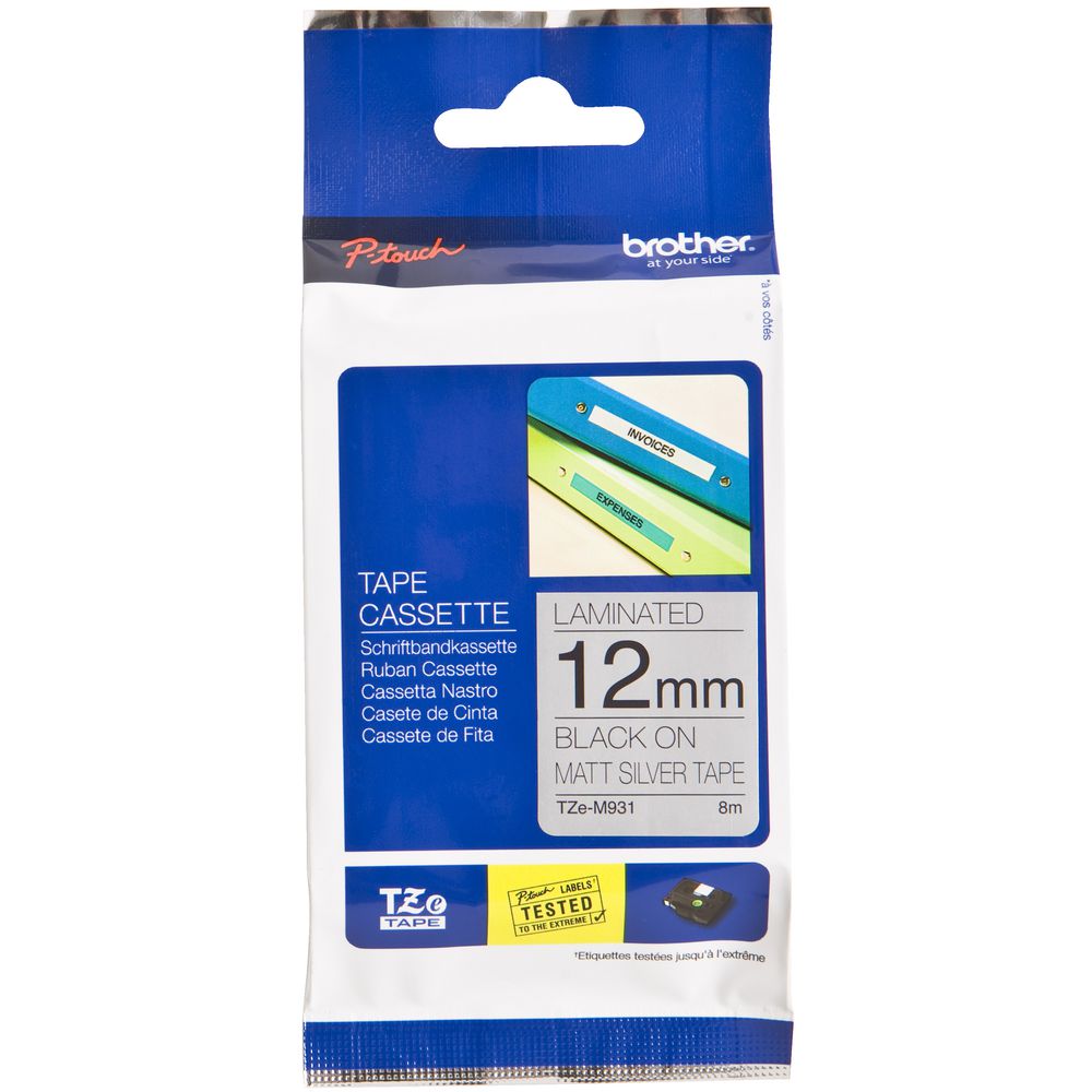 Brother Matte Tape 12mm x 8m Black on Silver TZe-M931