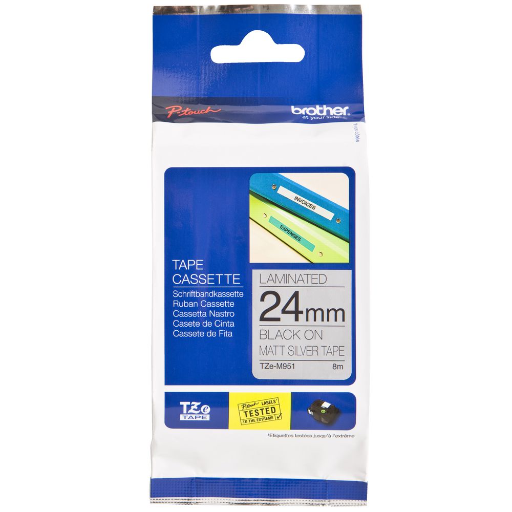 Brother Matte Tape 24mm x 8m Black on Silver TZe-M951
