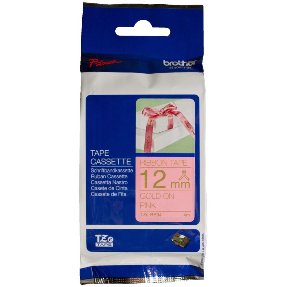 Brother Ribbon Tape 12mm x 4m Gold on Pink TZe-RE34