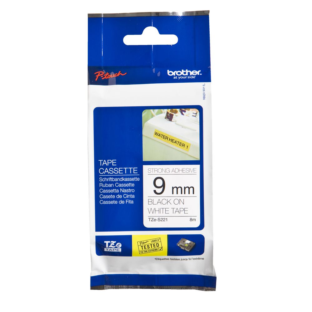 Brother Strong Tape 9mm x 8m Black On White TZe-S221