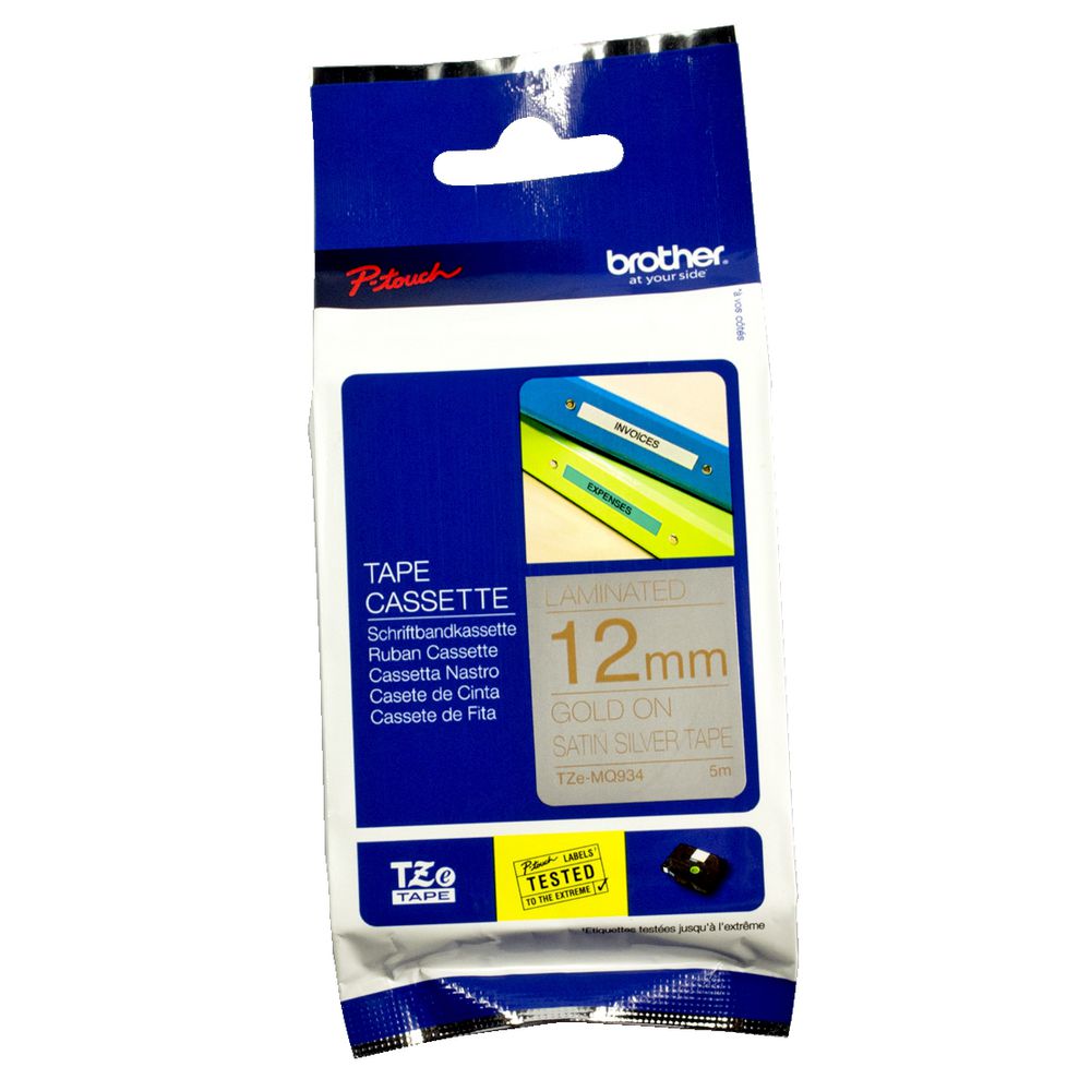 Brother Tape 12mm x 5m Gold on Satin Silver TZe-934