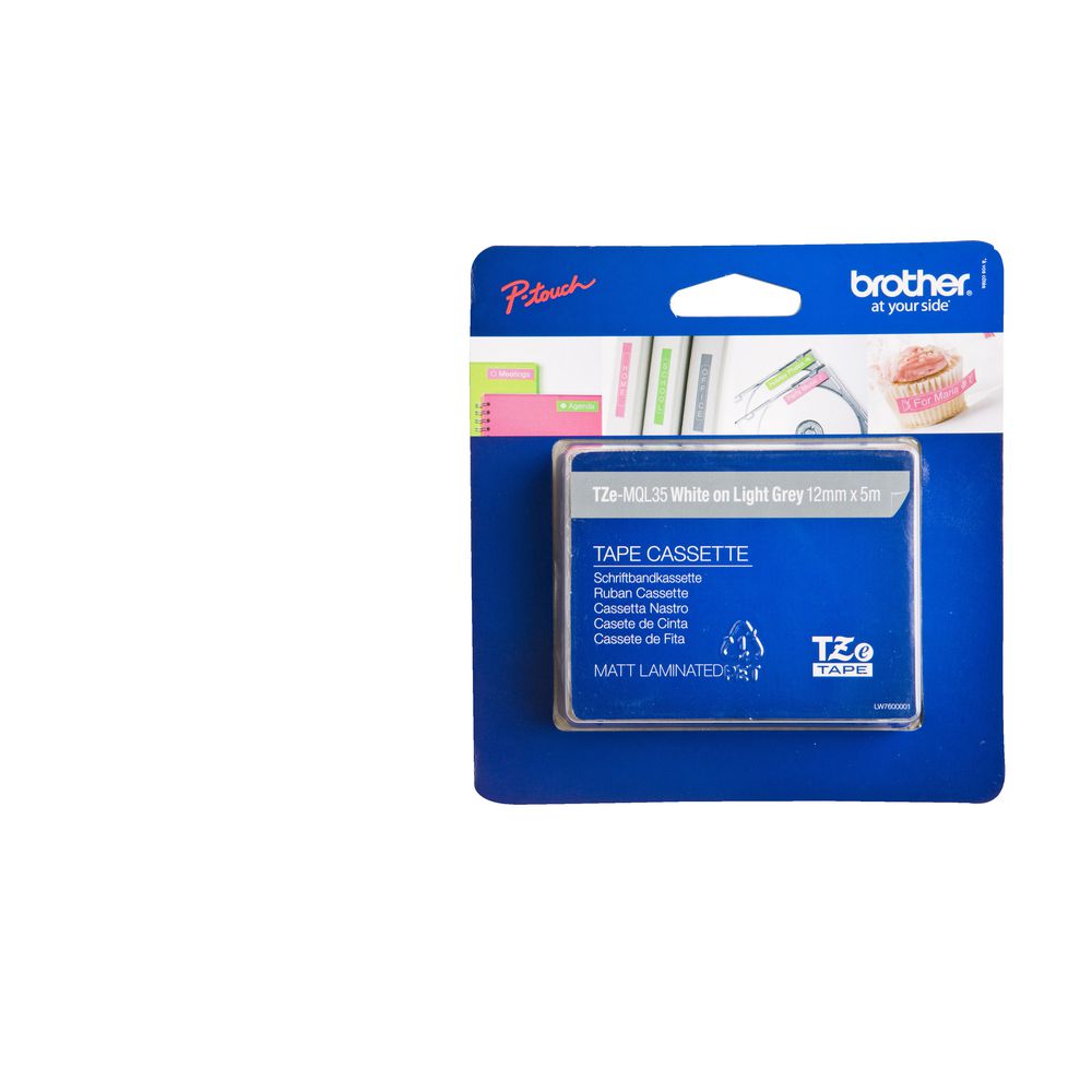 Brother Tape 12mm x 5m White on Light Grey TZe-MQL35