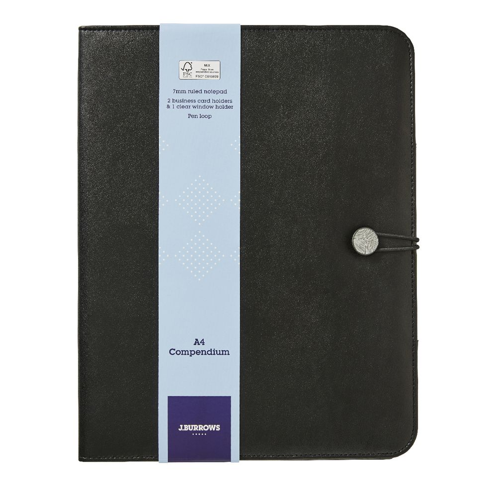 J.Burrows A4 Flat Compendium Elastic Button Black