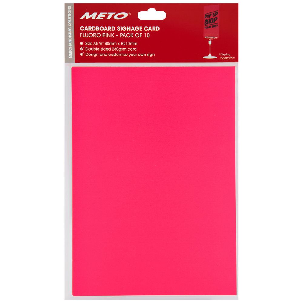 Meto A5 Sign Card Fluoro Pink 10 Pack