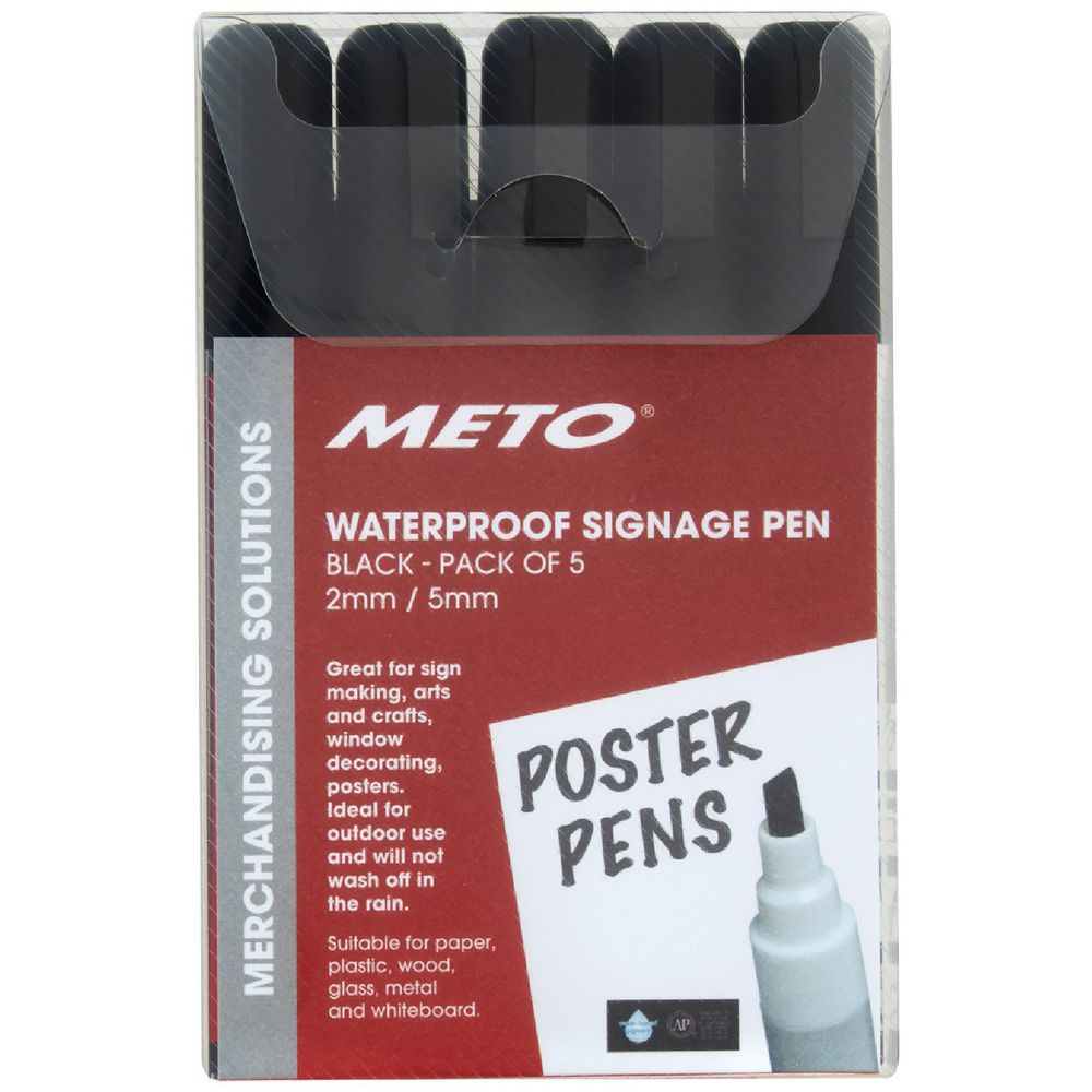 Meto Waterproof Sign Writing Pens 2/5mm Tips Black 5 Pack