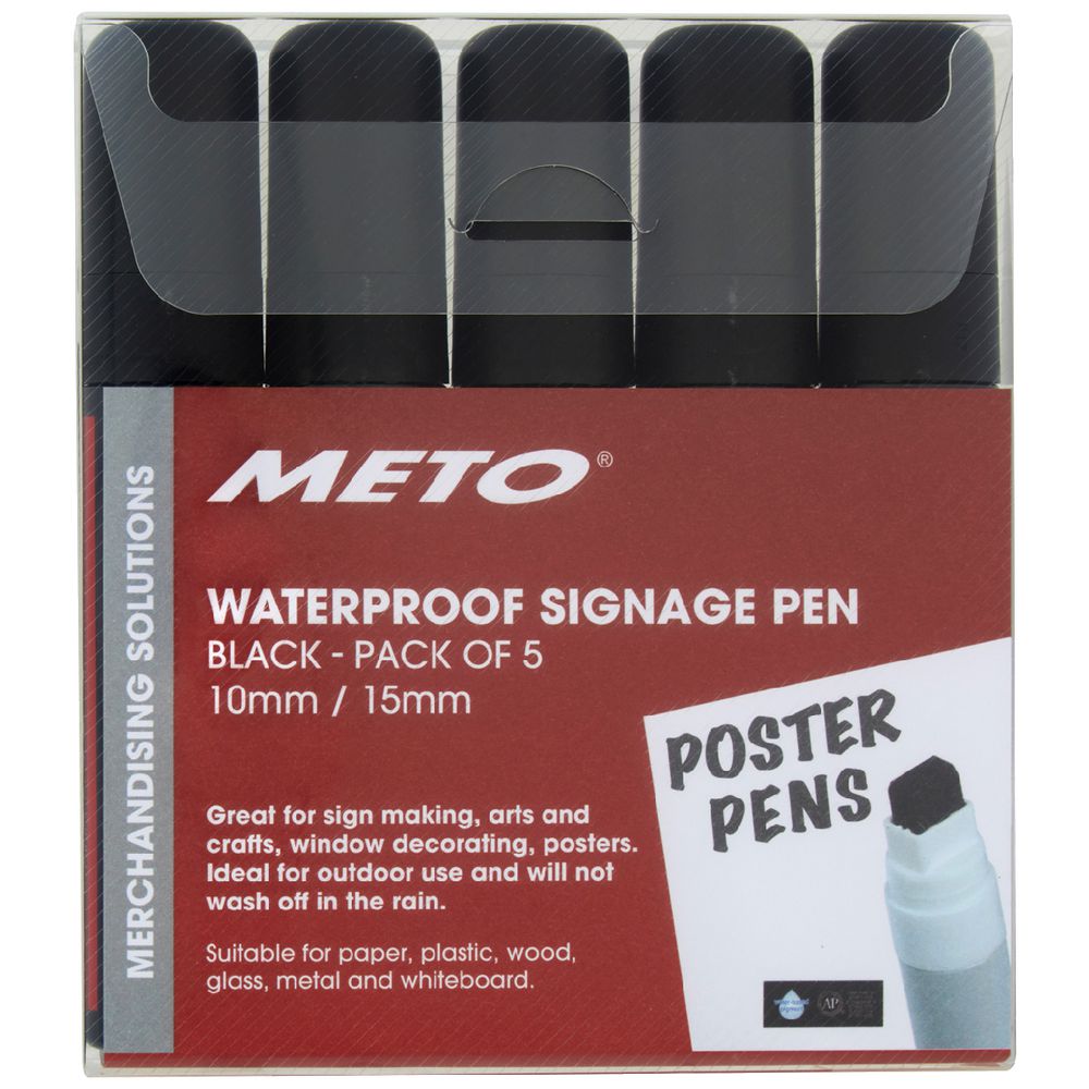 Meto Waterproof Sign Writing Pens 10/15mm Tips Black 5 Pack