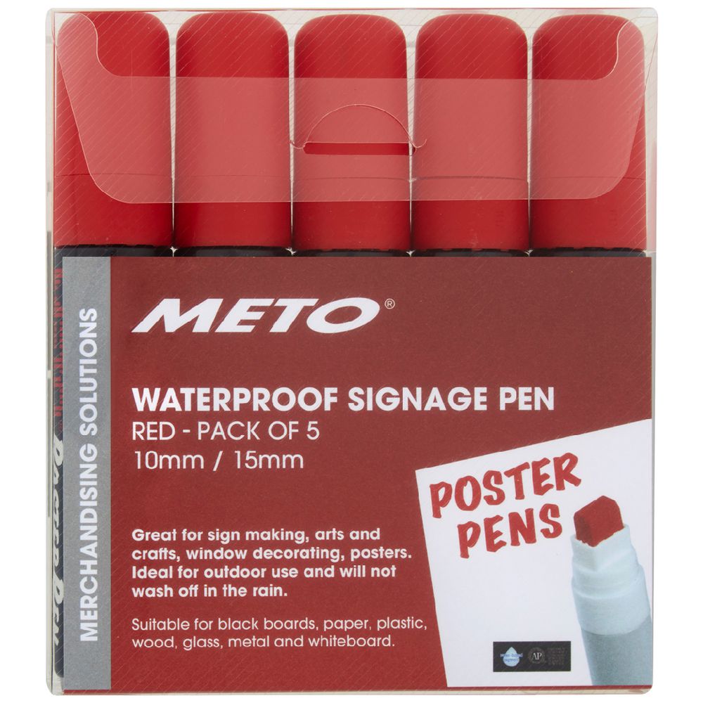 Meto Waterproof Sign Writing Pens 10/15mm Tips Red 5 Pack