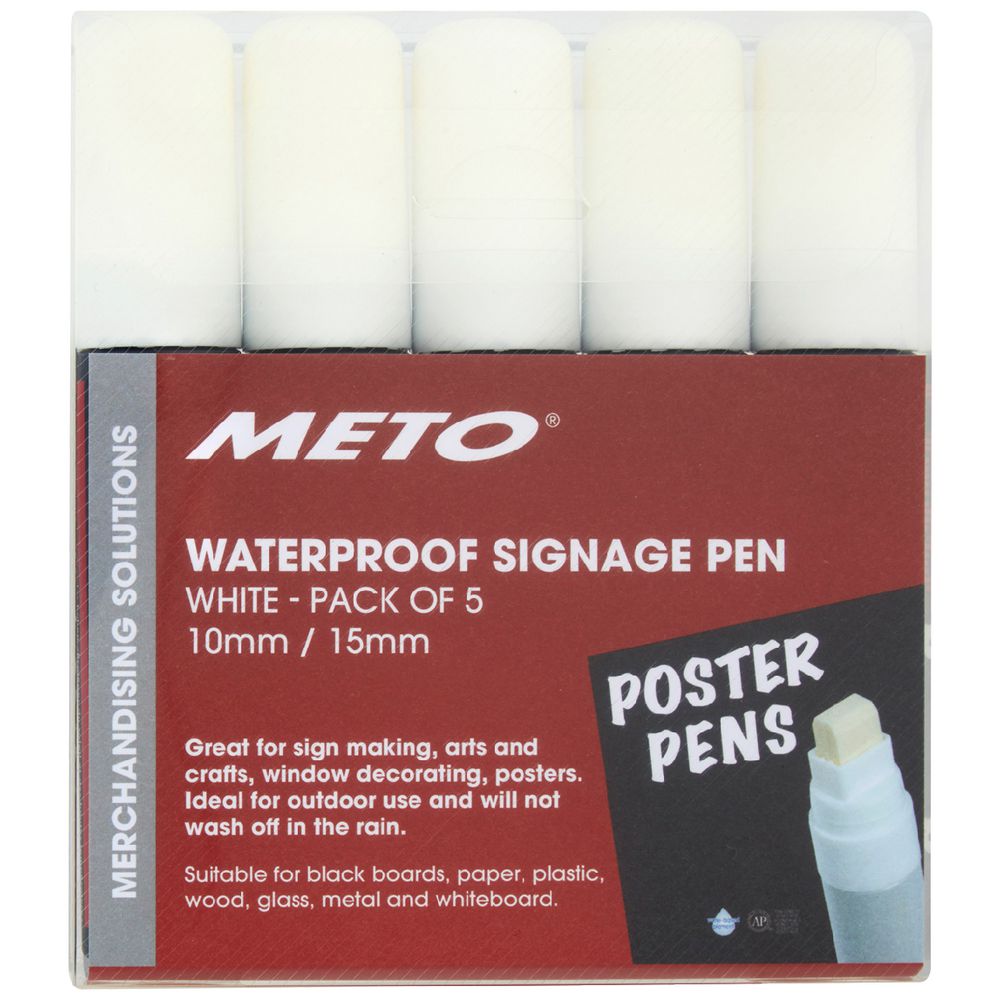 Meto Waterproof Sign Writing Pens 10/15mm Tips White 5 Pack