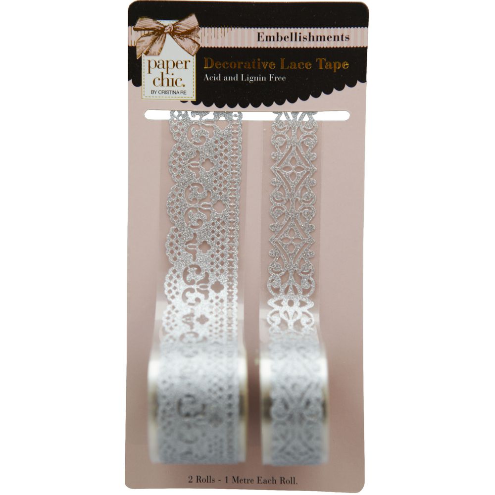Paper Chic Decorative Glitter Lace Tape Silver 2 Pack
