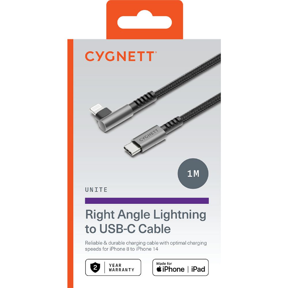 Cygnett Unite Right Angle Lightning-USB-C Braided Cable 1m Bk