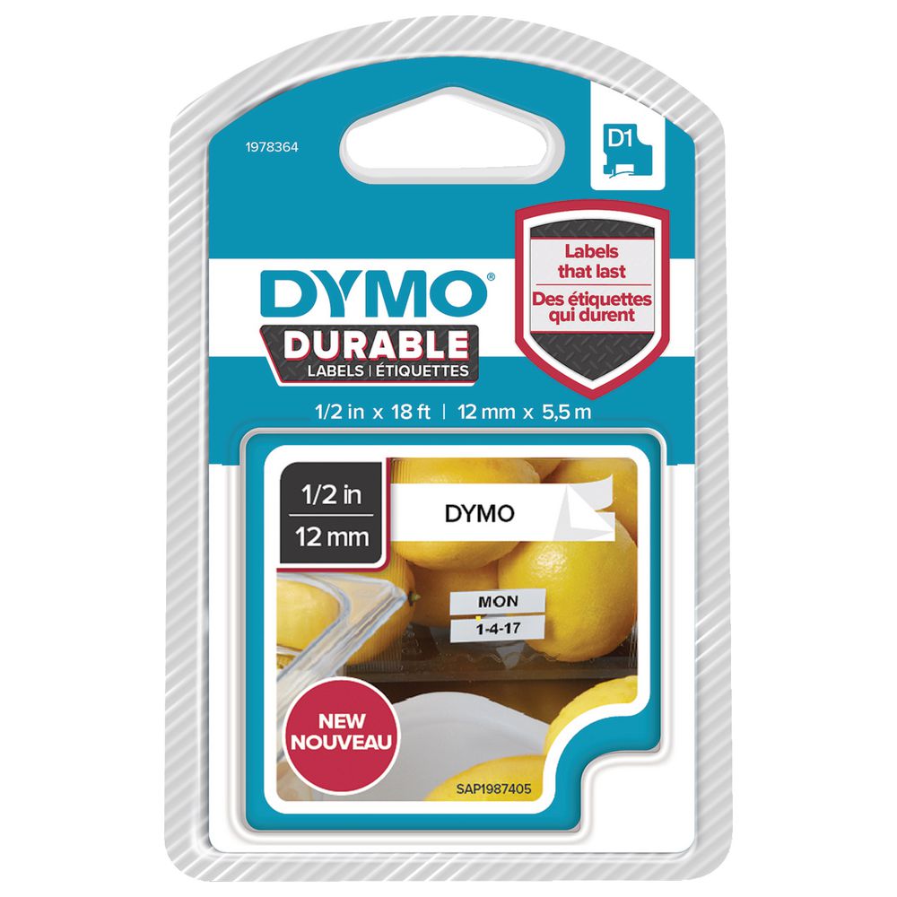 DYMO D1 Durable Label Tape 12mm Black on White