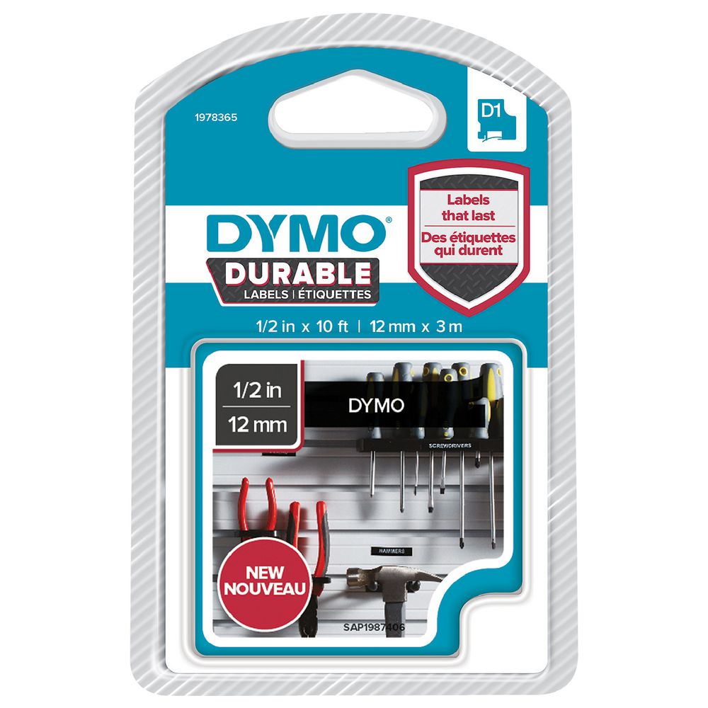 DYMO D1 Durable Label Tape 12mm White on Black