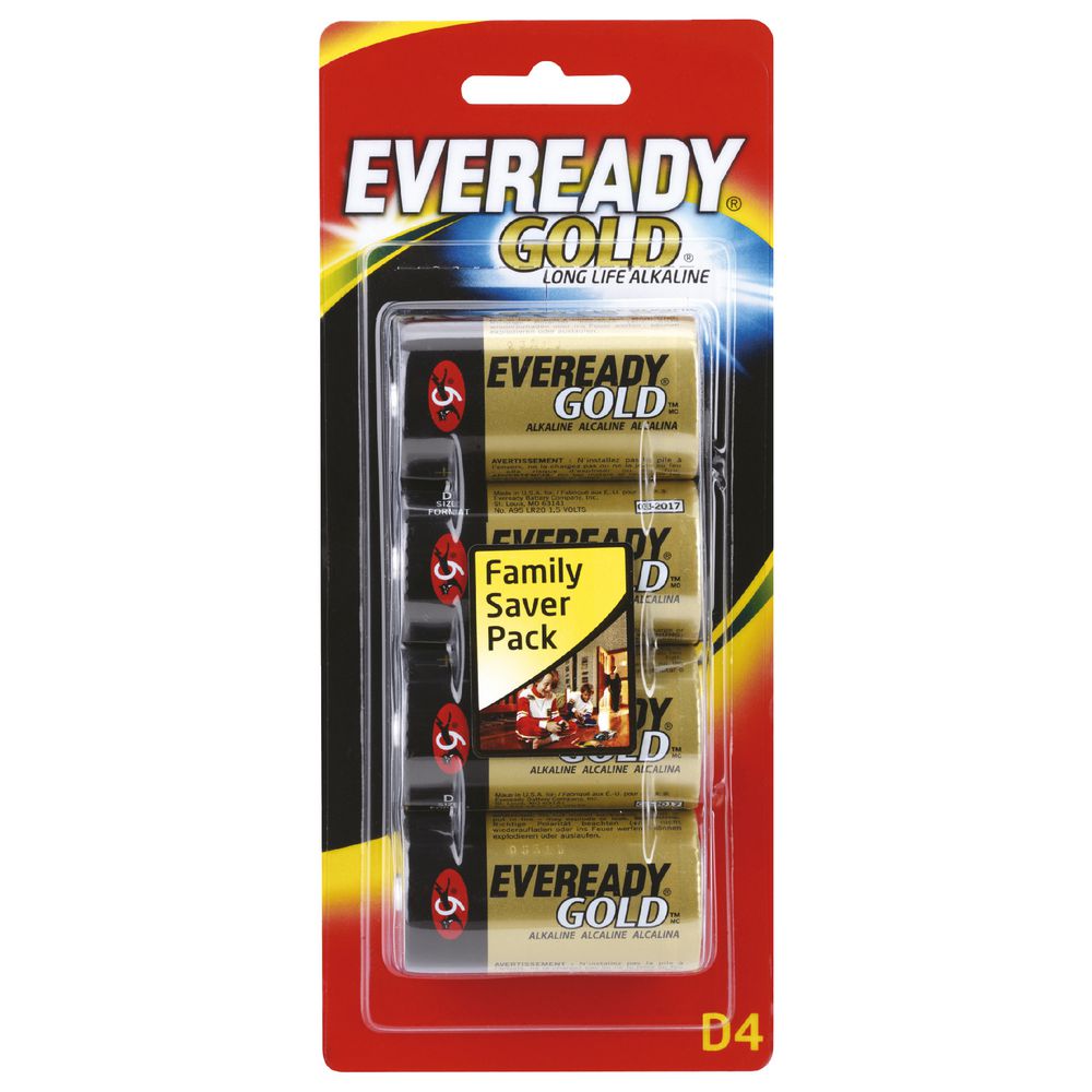 Eveready Gold Alkaline D Batteries 4 Pack