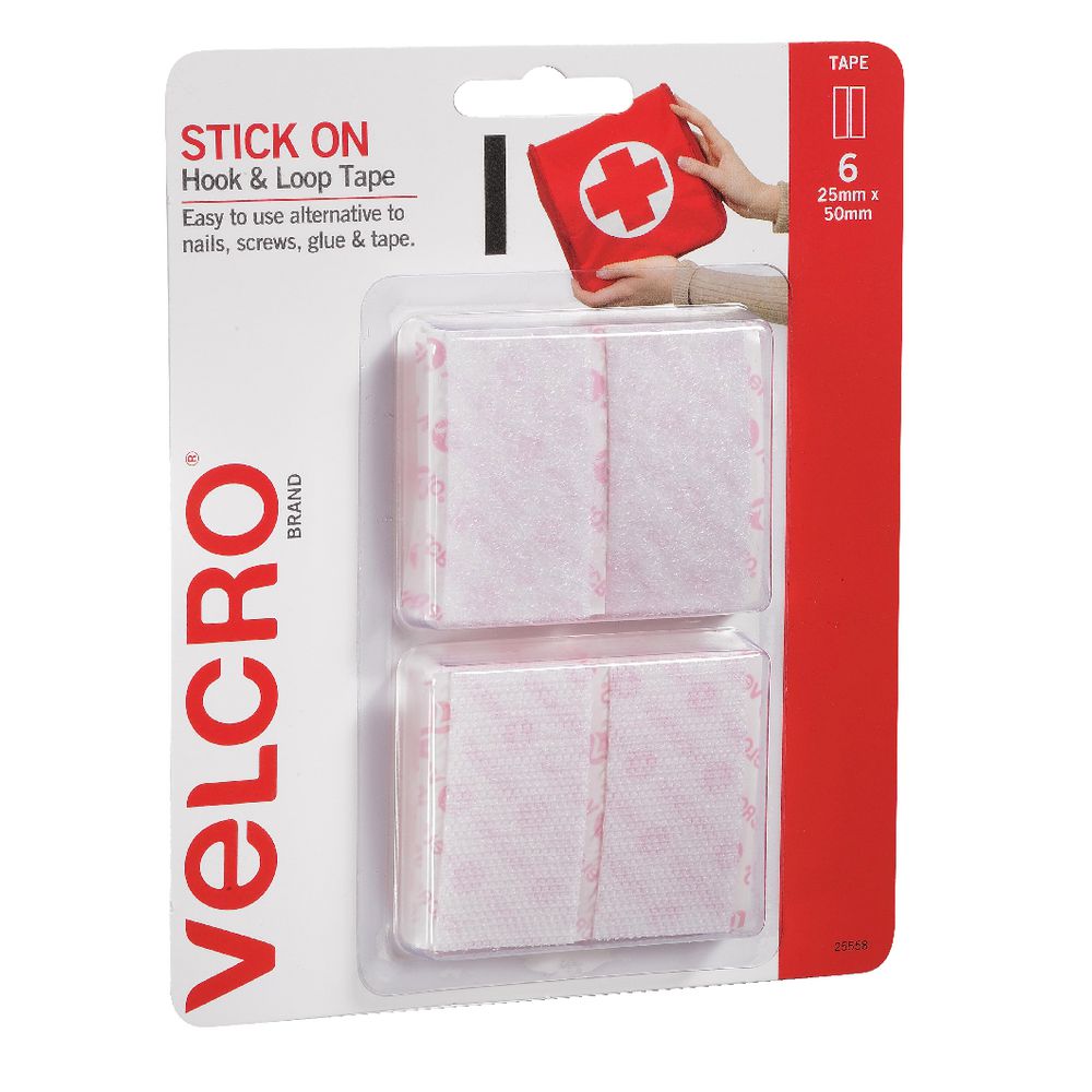 VELCRO Brand Hook and Loop Strips 20 x 50mm White 6 Pack