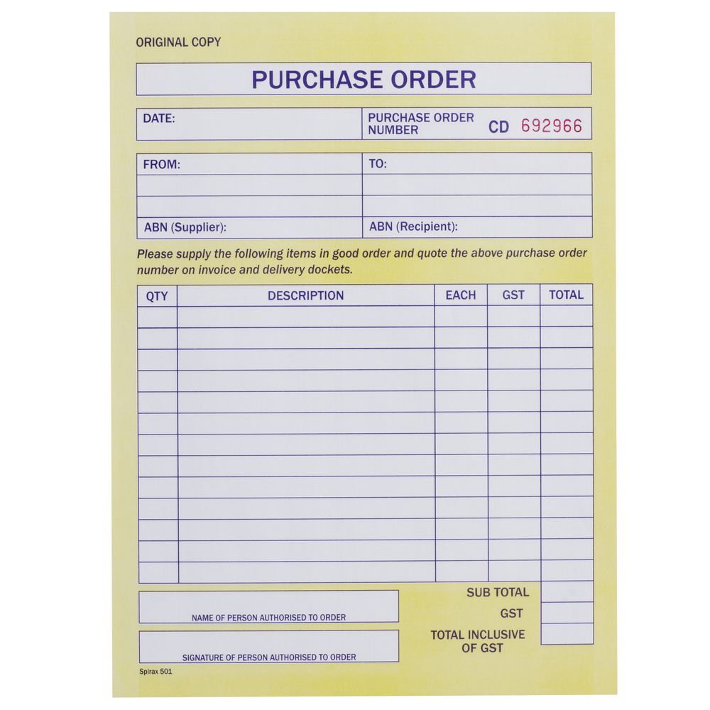 Spirax No. 501 Carbonless Purchase Order Book