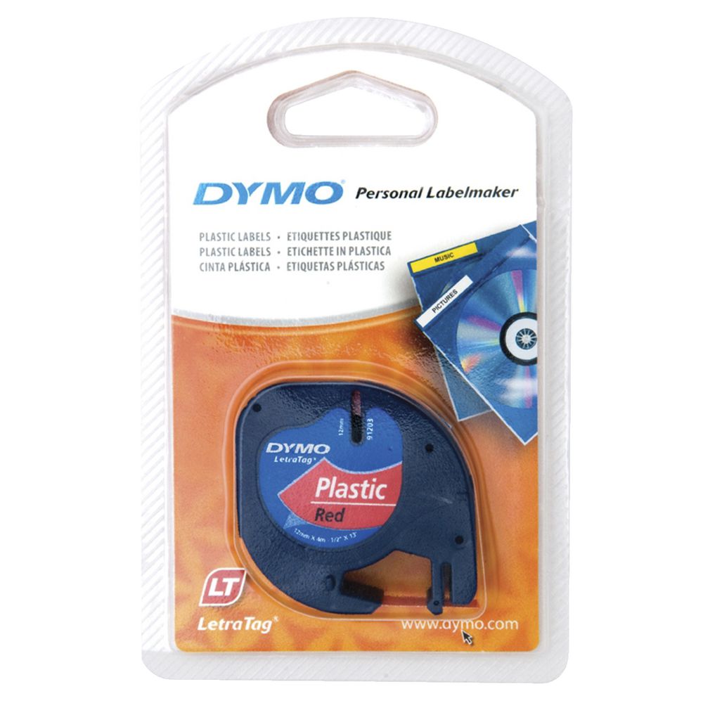 DYMO LetraTag Plastic Label Tape 12mm Black on Red
