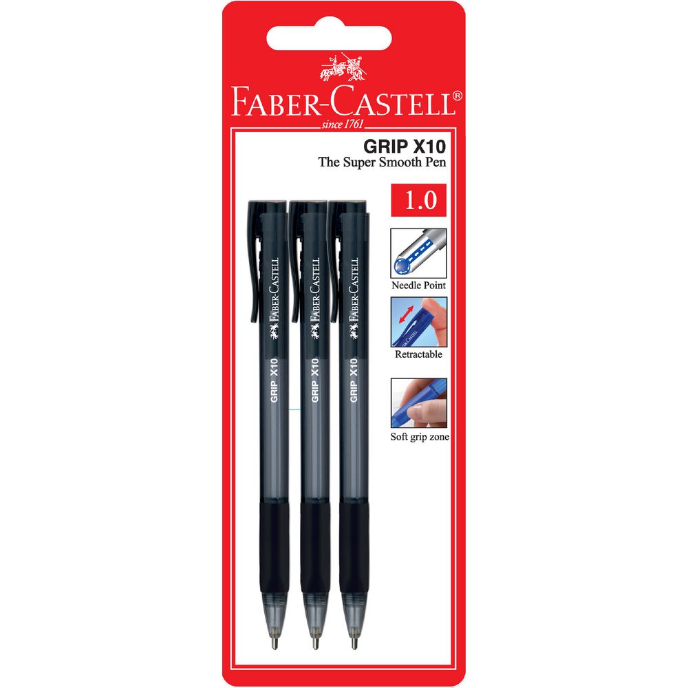 Faber-Castell Grip X Retractable Ballpoint Pens Black 3 Pack