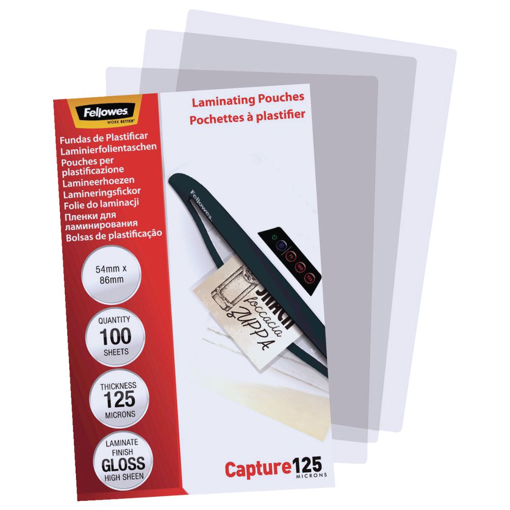 Fellowes Laminating Pouch 54 x 86mm 125 Micron Gloss 100 Pack Officeworks