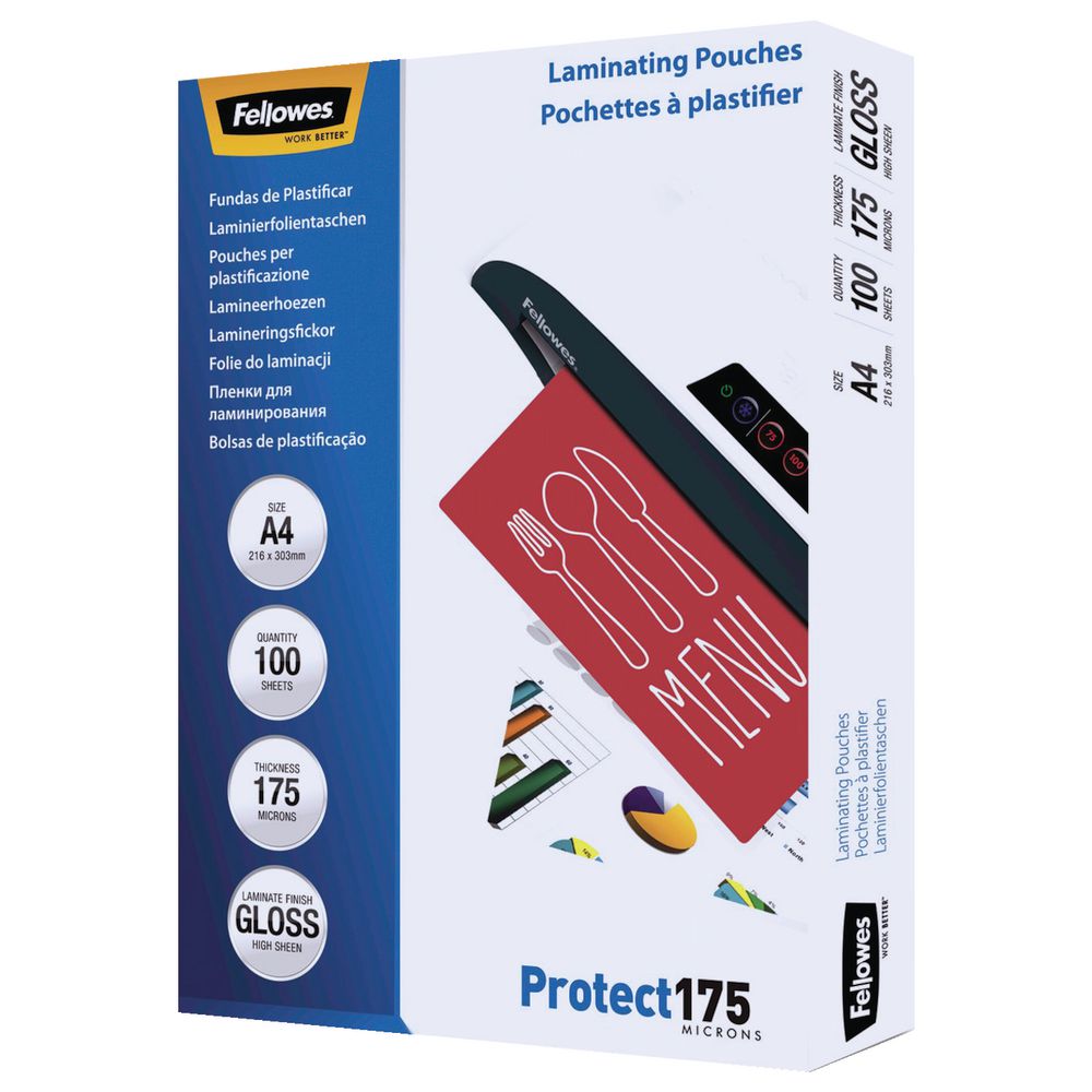 Fellowes A4 175 Micron Laminating Pouch Gloss 100 Pack Officeworks