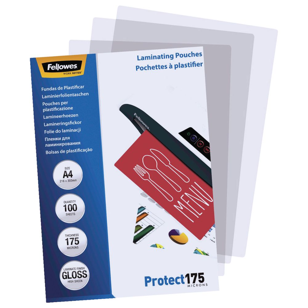 Fellowes A4 175 Micron Laminating Pouch Gloss 100 Pack Officeworks