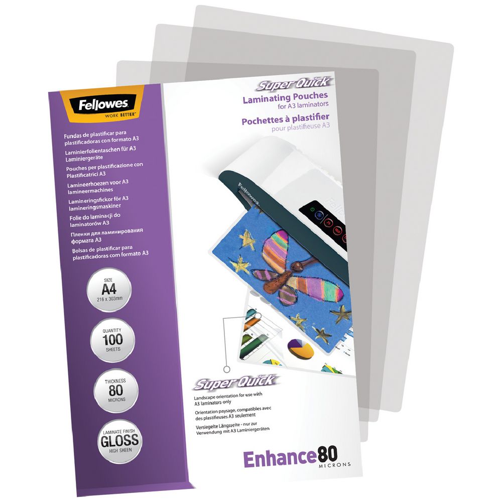 Fellowes A4 80 Micron SuperQuick Laminating Pouches 100 Pack | Officeworks