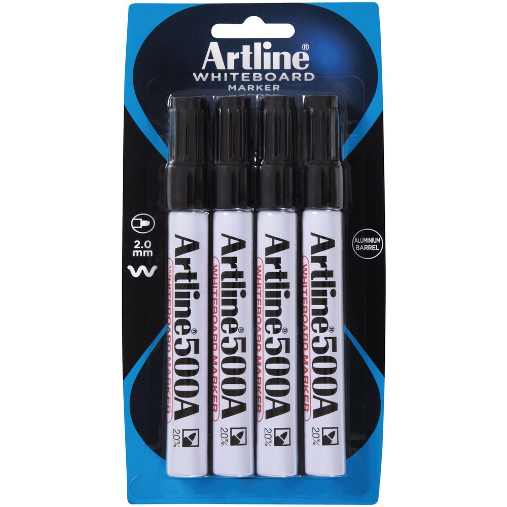 Artline 500A Whiteboard Markers Black 4 Pack