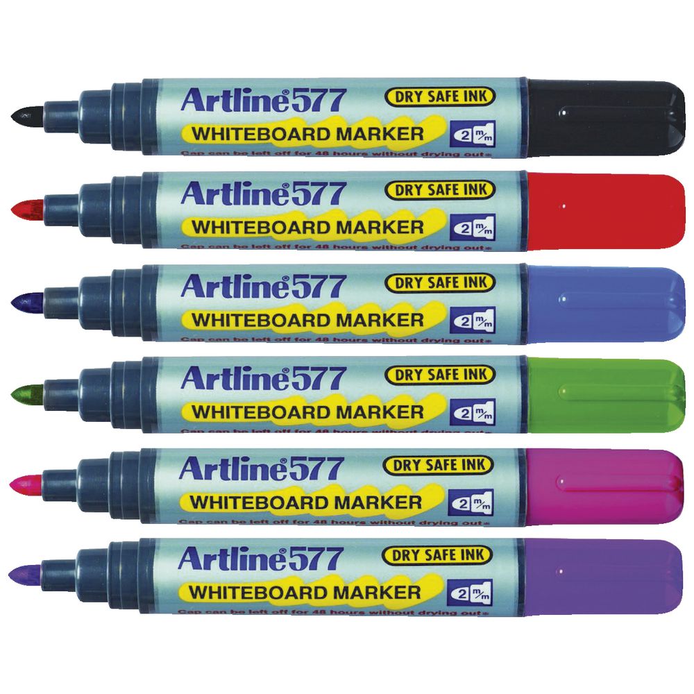 Artline 577 Whiteboard Markers Assorted Colours 6 Pack