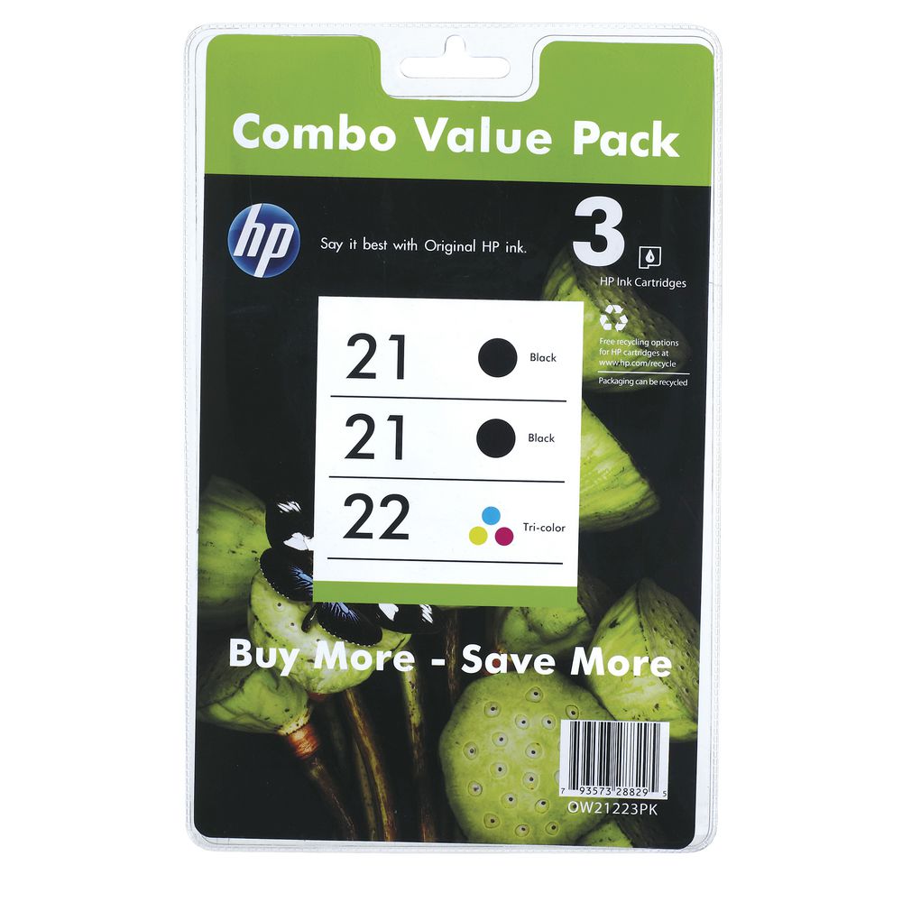 HP 21 and 22 Ink Cartridges Black and Colour 3 Pack