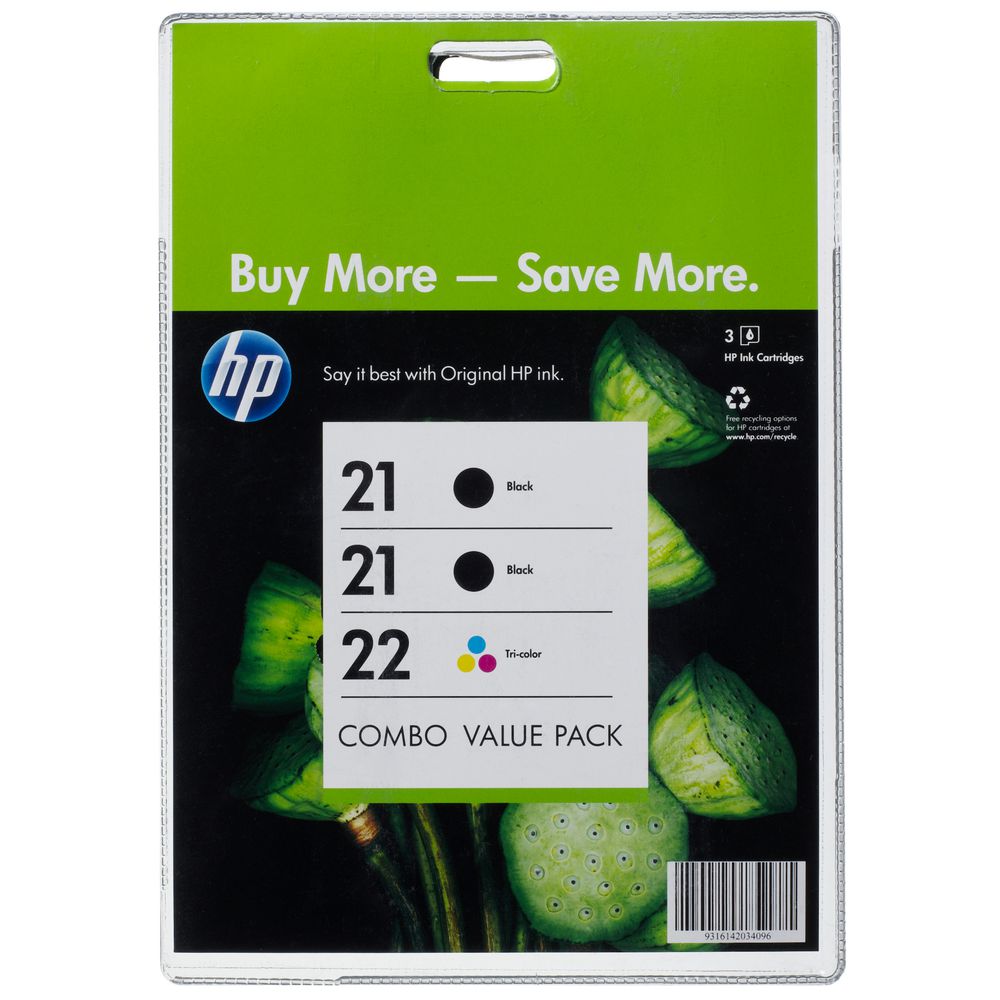 HP 21 and 22 Ink Cartridges Black and Colour 3 Pack