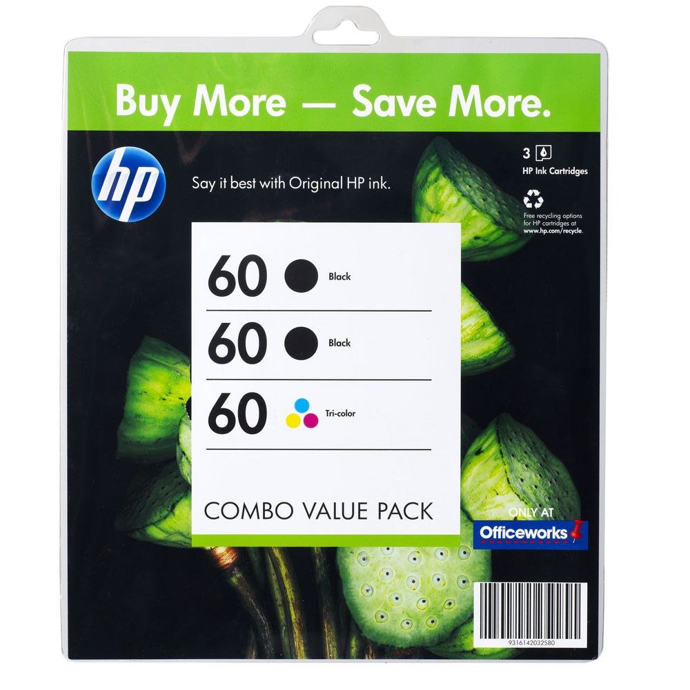 HP 60 Ink Cartridges Black and Colour Combo Value 3 Pack